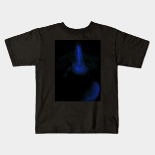 Portrait, digital collage and special processing. Close up to face, nose. Weird and dark. Very dim, blue. Kids T-Shirt